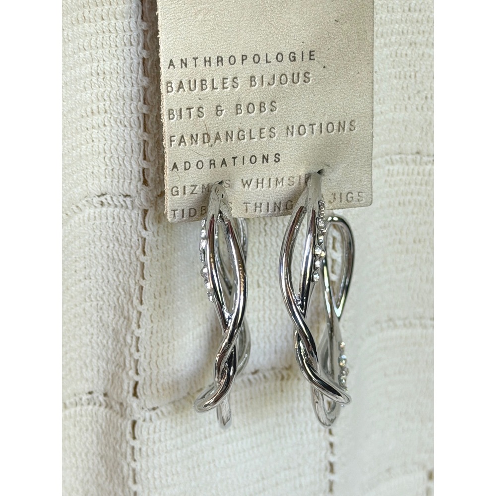 Anthropologie Silver Tone Twisted‎ Pave Crystal Multi Strand Hoop Earrings NEW
